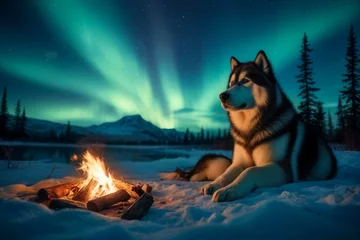 Fotobehang A serene scene of an Alaskan Malamute resting by a campfire under the northern lights © fourtakig