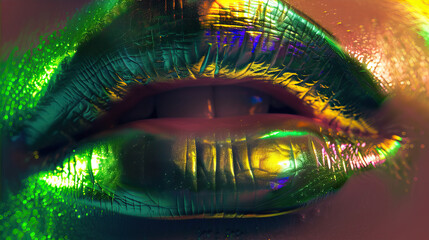 A closeup of lips with lip gloss, the holographic glow reflecting on her teeth and against her...
