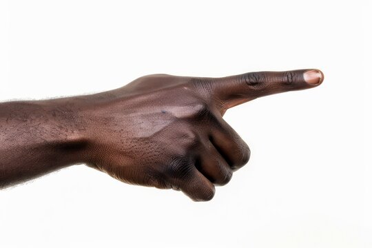 African American male hand pointing index finger, gesturing on white background
