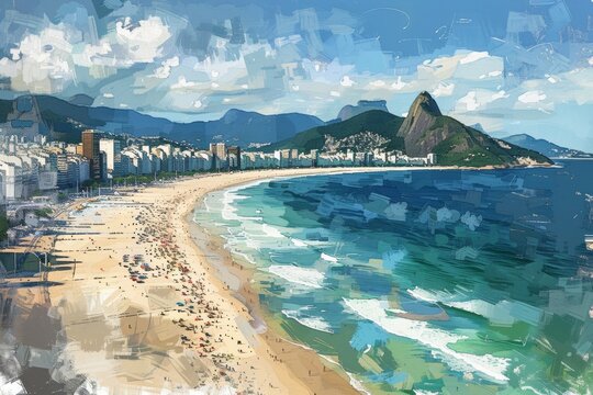 Aerial view illustration of the iconic Copacabana Beach in Rio de Janeiro, Brazil, digital painting