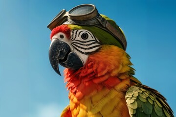 Parrot wearing a pilot's cap and goggles, against a sky blue background, symbolizing adventure and exploration