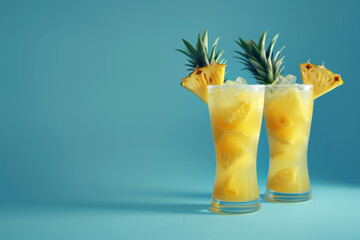 Summer pineapple two cocktails with straw and ice in long glasses isolated on light blue empty background with space for text or inscriptions
