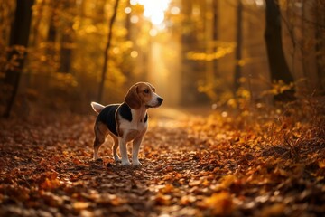A Beagle sniffing autumn leaves on a forest trail, capturing the essence of exploration - obrazy, fototapety, plakaty