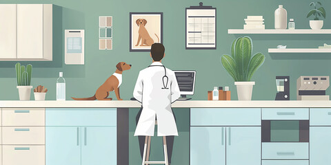 Vet clinic and healthcare for pets, creative illustration. Taking care of dogs, cats and other pets in professional veterinary center.