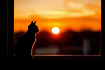 cat's silhouette against a vibrant sunset, sitting on a window ledge - obrazy, fototapety, plakaty