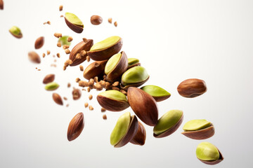 Splash of pistachios in shell and without isolated on white background with space for text or inscriptions, pistachios levitate
