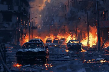 Burning cars in a post-apocalyptic city street, war-torn disaster scene, digital painting