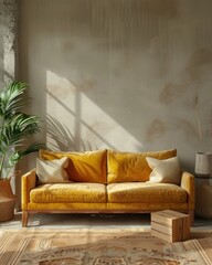 Stylish Scandinavian Open Space with Yellow Velvet Sofa