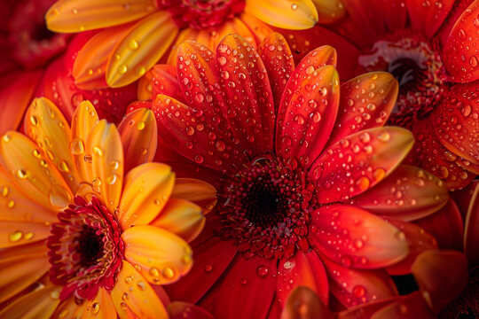 Red and yellow gerbera flowers with water droplets