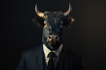 Portrait of a man in a suit with the head of a horned bull isolated on a dark background with space for text or inscriptions, stock or cryptocurrency bullish market theme
