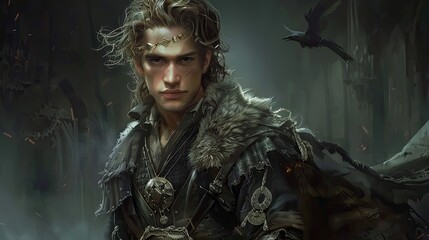 Elven prince with golden crown in dark woods. Digital fantasy art.