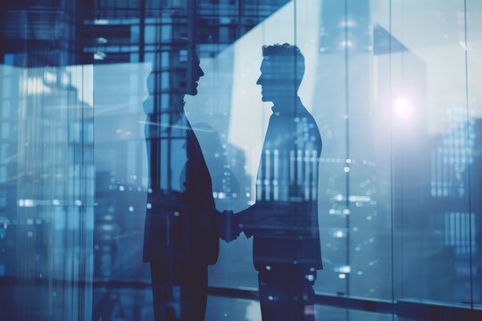 Double exposure of business partners shaking hands and corporate team working on digital devices, modern office setting