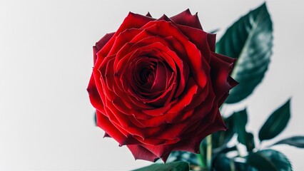 Isolated red rose macro stands out against clean white backdrop
