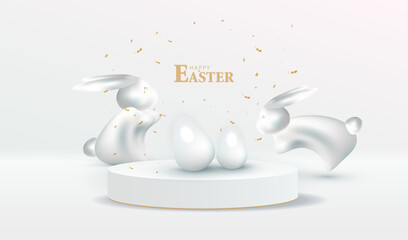 Happy Easter with display podium with bunny silver background. Stage with holiday milk eggs and confetti. Studio with white 3d rabbits backdrop. Modern creative vector illustration. - 767182640