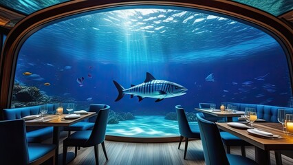 Underwater restaurant. A restaurant with a large shark tank in the middle of the room. The shark is swimming in the tank and there are several fish swimming around it. The restaurant has a modern - obrazy, fototapety, plakaty