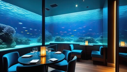 Underwater restaurant. A restaurant with a blue ocean theme. The walls are decorated with fish and...