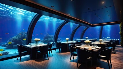 Underwater restaurant. A restaurant with a blue ceiling and a large aquarium in the middle. The...