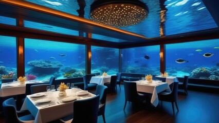 Underwater restaurant. A restaurant with a blue ceiling and a large aquarium in the middle. The aquarium is filled with fish and coral. The restaurant has a modern and sophisticated atmosphere - obrazy, fototapety, plakaty