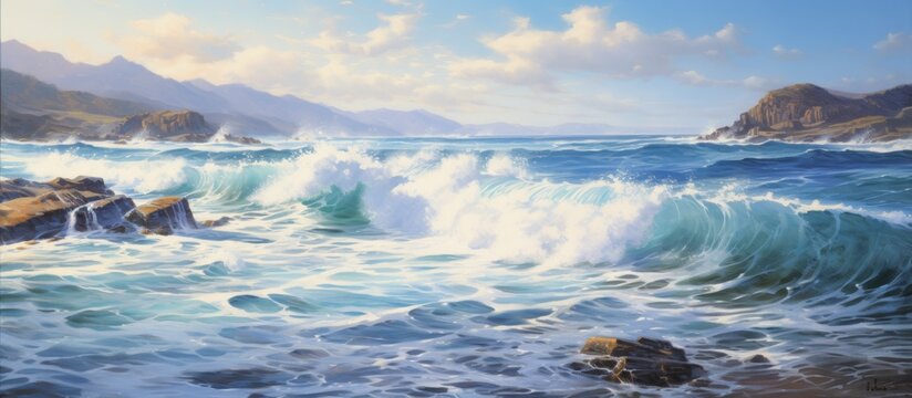 A mesmerizing painting capturing the powerful waves crashing on a rocky beach with majestic mountains in the background, under a cloudy sky