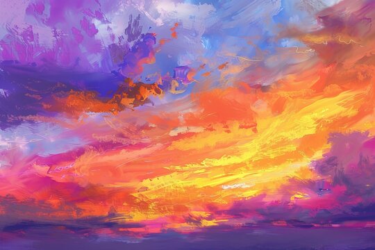 Fiery sunset sky with vibrant orange, pink, purple, and yellow hues, panoramic landscape, digital painting
