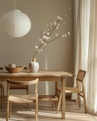 Korean-Inspired Dining Room: Stylish Beige Interior with Wooden Accents