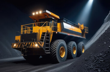 Open pit coal mining. A large mining dump truck removes coal from a coal mine at night.
