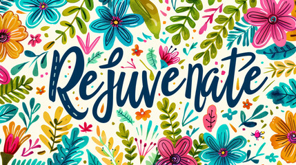 A man looks at a colorful image with the word "Rejuvenate" in the back.