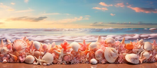 A collection of sea shells arranged on a sandy beach under a cloudy sky, overlooking the water. The natural landscape forms an artistic horizon, shaped by the wind