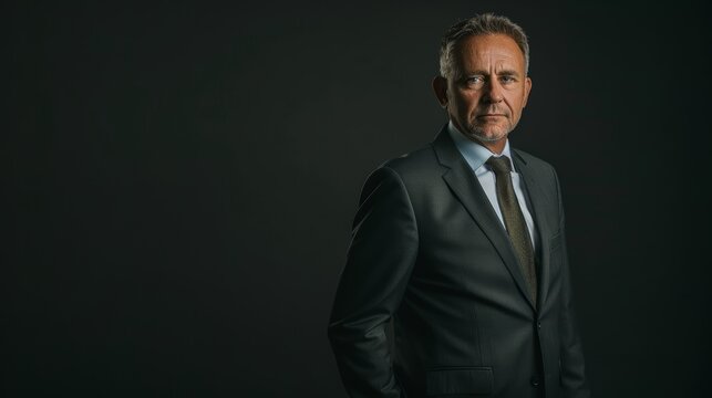 Serious mature businessman in suit. Studio portrait with dark background. Corporate and professional concept