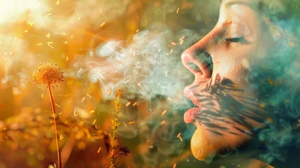 Fotobehang girl with closed eyes, smoke from her mouth, against the background of plants, field of dandelions, allergies to flowering, empty space for background © yanapopovaiv