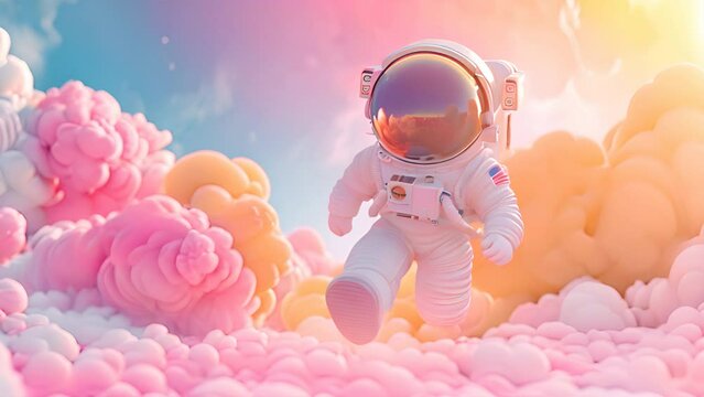 Whimsical 3D animation: Flying astronaut and adorable girl in vibrant Morandi hues.generative ai