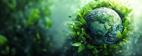 Vibrant Green Earth with Leaves, Environmental Conservation Concept
