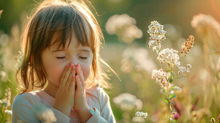 little girl sneezes, holds her nose with her hands, closed eyes, allergies in a field to flowering, sunlight
