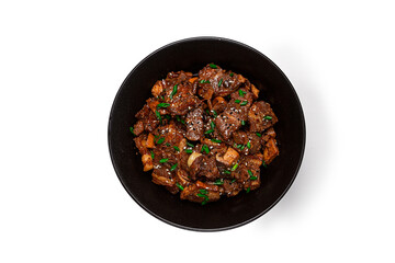 bulgogi, with mushrooms, with sesame seeds and green onions, Korean cuisine, on a white background, isolate, homemade, no people,