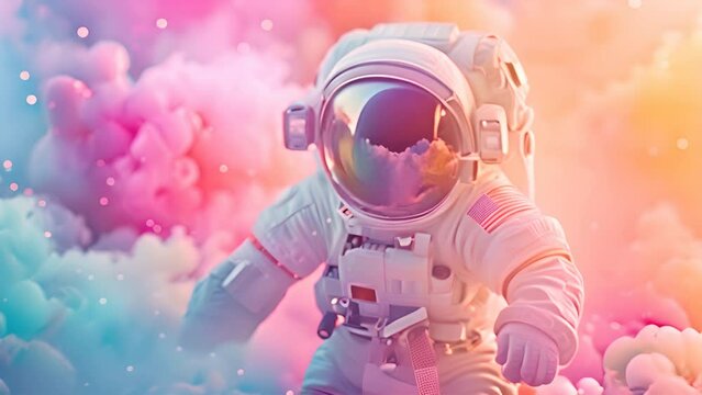 Whimsical 3D animation: Flying astronaut and adorable girl in vibrant Morandi hues.generative ai