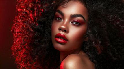 black girl with big curly hair, wearing red and black , fashion editorial, beauty shot, textured skin, textured lips, textured eyelashes, textured eyebrows, textured eyeshadow, 