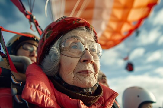 Senior white woman with gray hair is fearless and fun parasailing. Extreme sports concept. Close up