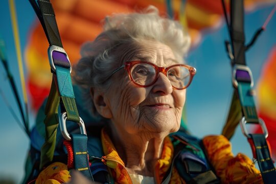 Senior white woman with gray hair is fearless and fun parasailing. Extreme sports concept. Close up