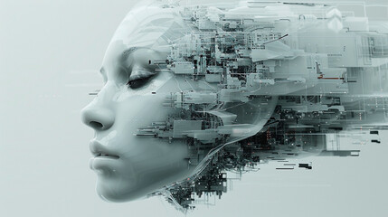 Woman's robot face falls apart into fragments. The concept of futurism and the development of new technologies.