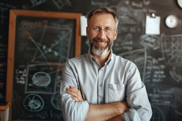 Portrait of happy smiling teacher with glasses with arms folded in front standing near blackboard with drawn charts or information
