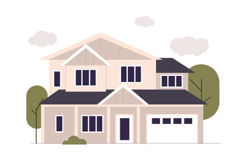 Residential House Exterior. Home building architecture Facade with Garage, Porch. Real Estate. Flat Vector Illustration.