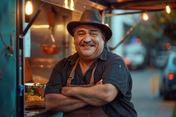Portrait of happy chubby middle aged mexican chef at food truck, food street motive
