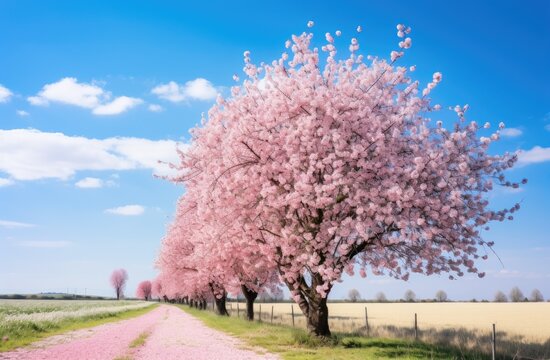 Blossoming Cherry Trees Line a Rural Path on a Sunny Spring Day