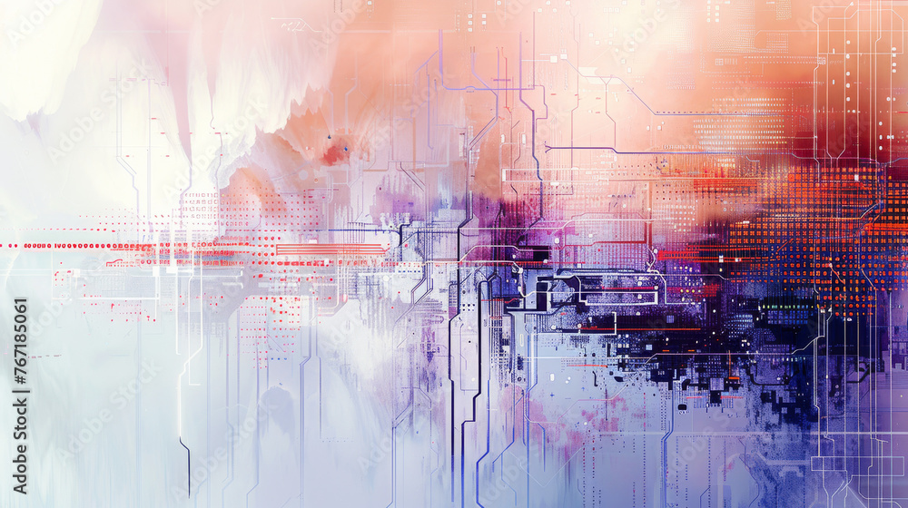 Poster Digital artwork with circuit patterns and data streams in vibrant hues