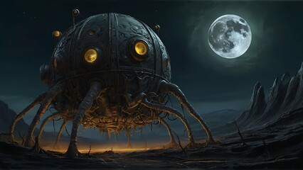 A grotesquely pulsating Lovecraftian lunar moon module, its twisted tendrils reaching out towards the desolate landscape below. This concept art is a digitally painted masterpiece, showcasing intricat - obrazy, fototapety, plakaty