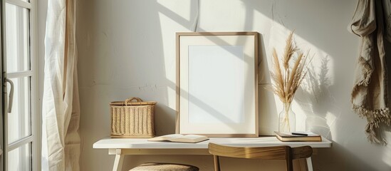 Vintage kitchen interior design featuring a small table, a mock-up frame, straw boxes, a hanging scarf, and notebooks, showcasing a minimalist style.