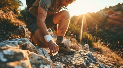 Hiker applying a bandage to an injured knee on a mountain trail at sunset. Outdoor adventure and health concept for fitness and hiking articles - obrazy, fototapety, plakaty