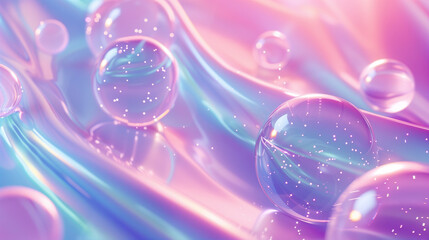 Pastel Gradient Holographic Neon Background. Abstract Hologram Dots, Balls, Spheres, Waves in Liquid Motion Wallpaper.