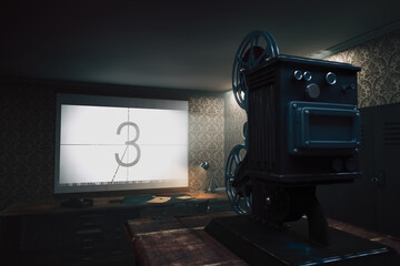 Vintage Film Projector in Dimly Lit Room: Nostalgic Cinema Experience