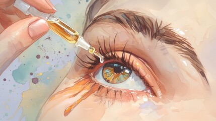 Woman drips eye drops into eye for allergies closeup.